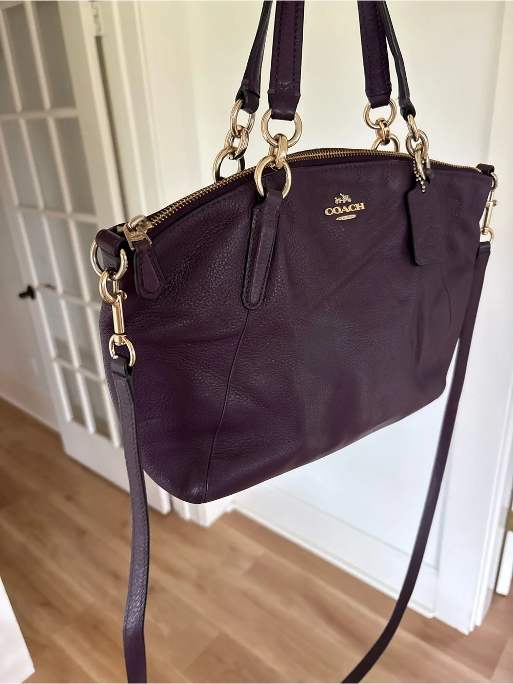 Coach Mini Satchel Kelsey Plum Leather Tote with Gold Chain Handles